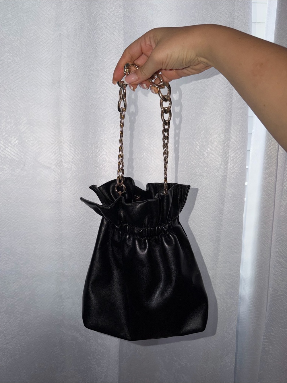 Forever 21 Black Drawstring Mini Bag with Gold Chain Handles